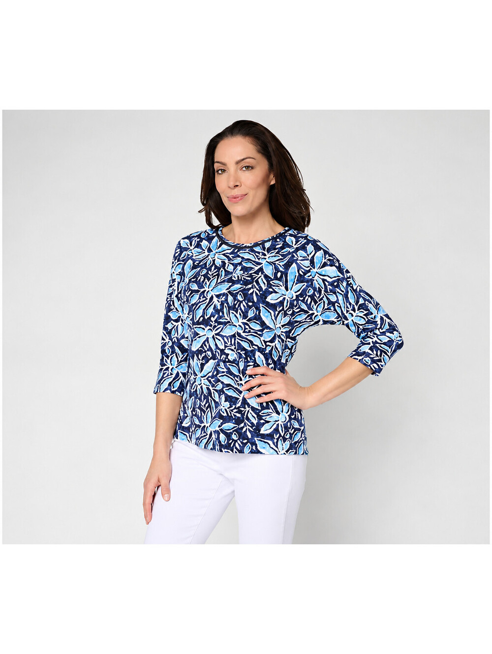 Denim & Co. Beach Floral Printed Beach Jersey 3/4 Sleeve Top Blue,Large